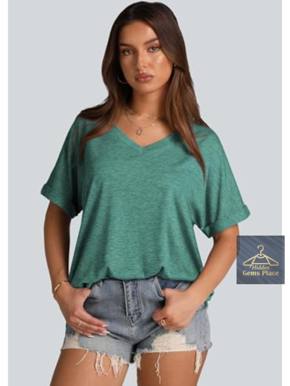 Oversized V-Neck Short Sleeve T-Shirt Soft Stretchy Summer Top - Picture 2 of 5